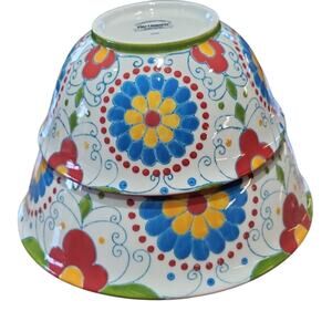 Pier 1 Floral Ceramic Bowls with Red and Blue Accents (Set Of 2)